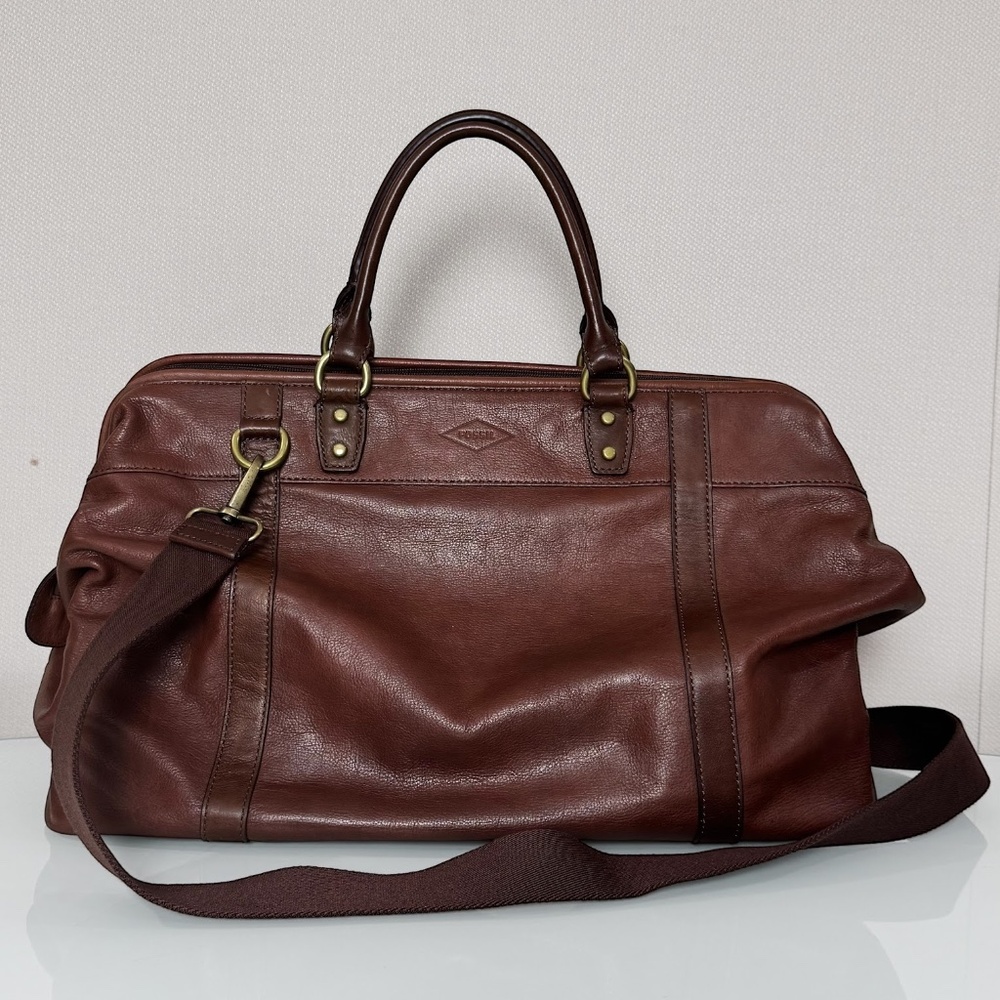 Fossil Mens Estate Brown/cognac Leather Weekender Travel Framed Duffle Bag - Picture 3 of 10